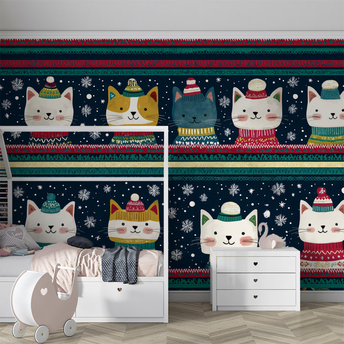 Patterned Christmas Cat Head Mural Wallpaper | Striped Repeat, Folk Style, Traditional Colors