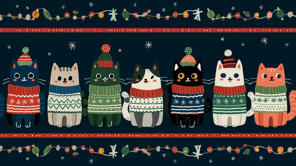Full-Body Ugly Sweater Cat Border Mural Wallpaper | Dark Navy Background, Nordic Pattern, Funky Folk Art