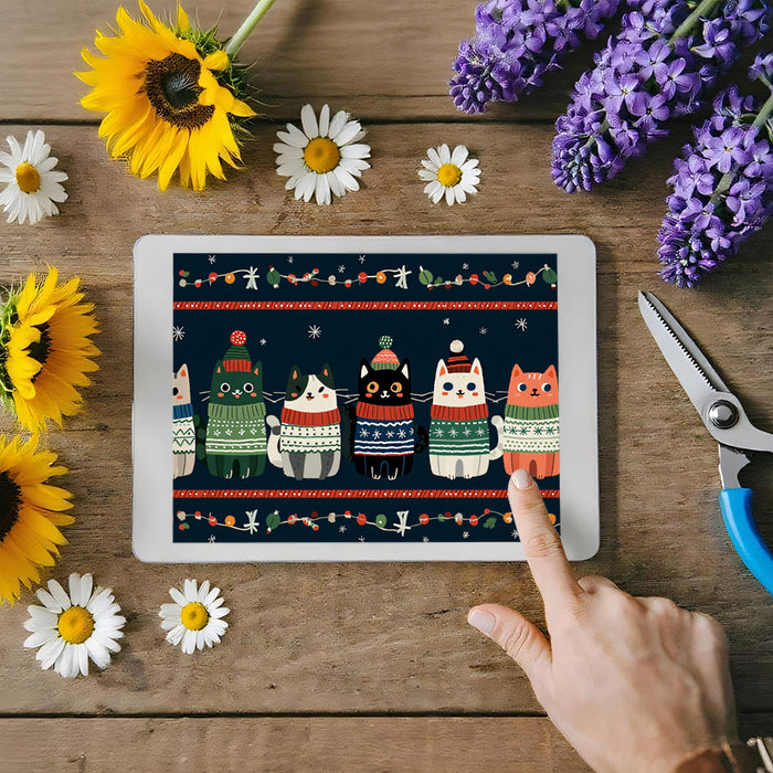 Full-Body Ugly Sweater Cat Border Mural Wallpaper | Dark Navy Background, Nordic Pattern, Funky Folk Art