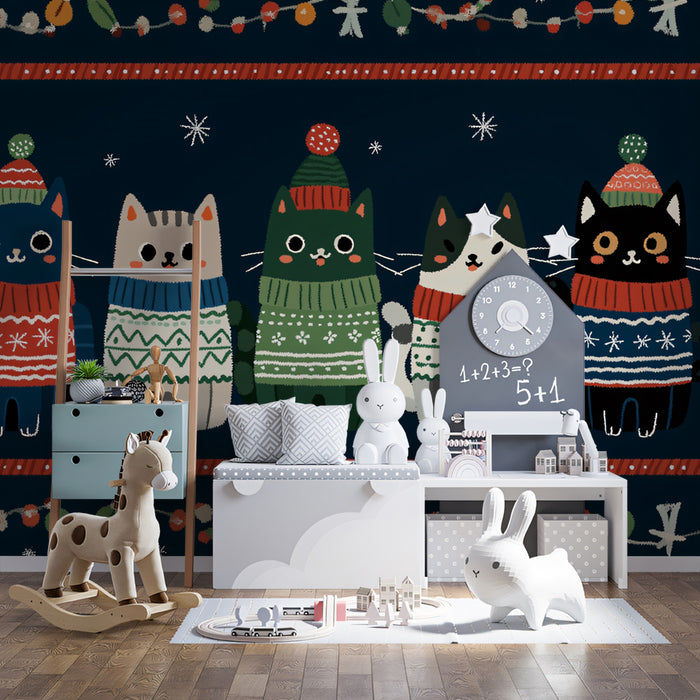 Full-Body Ugly Sweater Cat Border Mural Wallpaper | Dark Navy Background, Nordic Pattern, Funky Folk Art