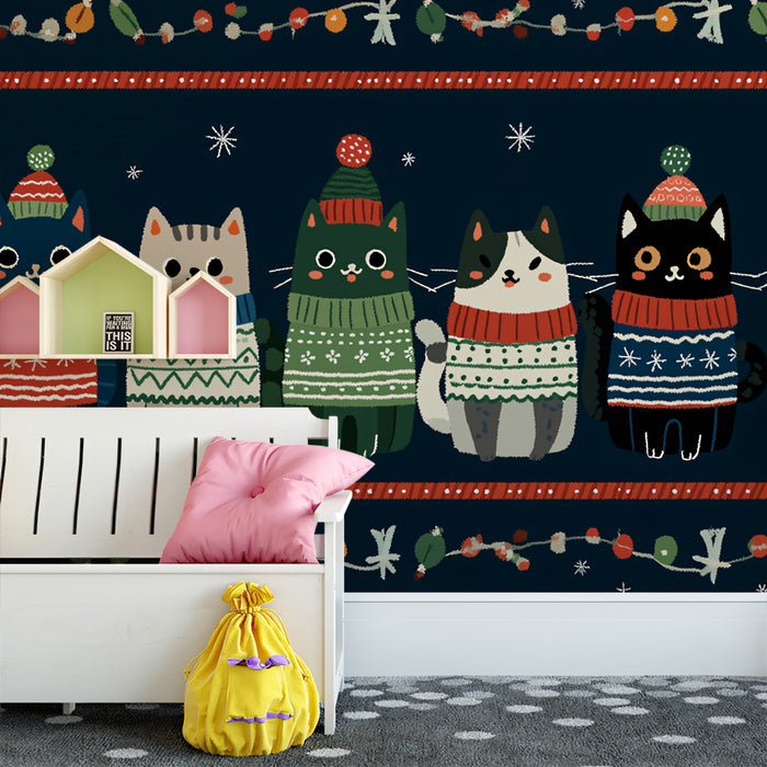 Full-Body Ugly Sweater Cat Border Mural Wallpaper | Dark Navy Background, Nordic Pattern, Funky Folk Art