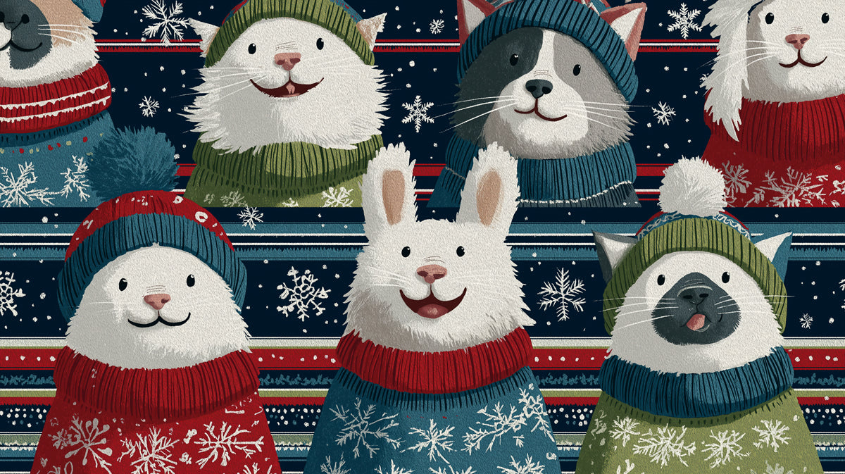 Close-Up Sweater Critters Mural Wallpaper | Cats and Rabbit, Bold Holiday Pattern, Cozy Portraits
