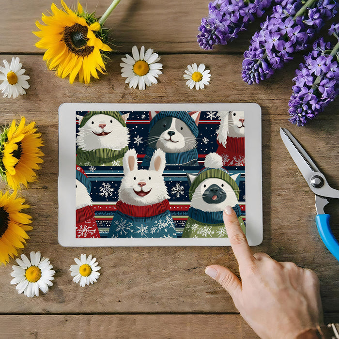 Close-Up Sweater Critters Mural Wallpaper | Cats and Rabbit, Bold Holiday Pattern, Cozy Portraits