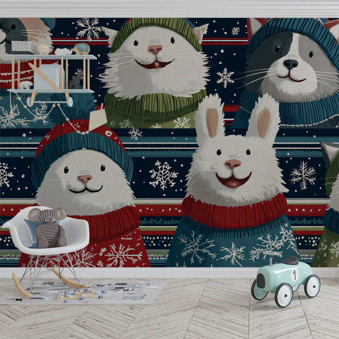 Close-Up Sweater Critters Mural Wallpaper | Cats and Rabbit, Bold Holiday Pattern, Cozy Portraits