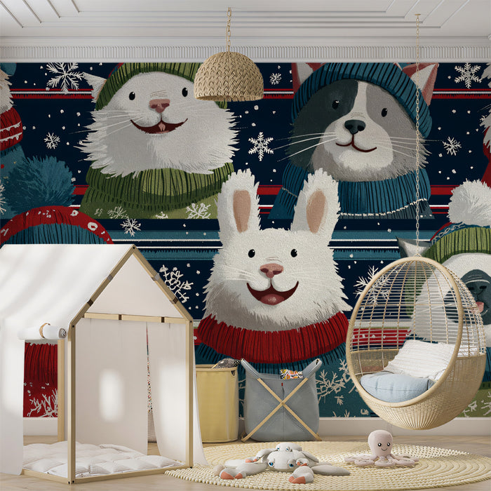Close-Up Sweater Critters Mural Wallpaper | Cats and Rabbit, Bold Holiday Pattern, Cozy Portraits