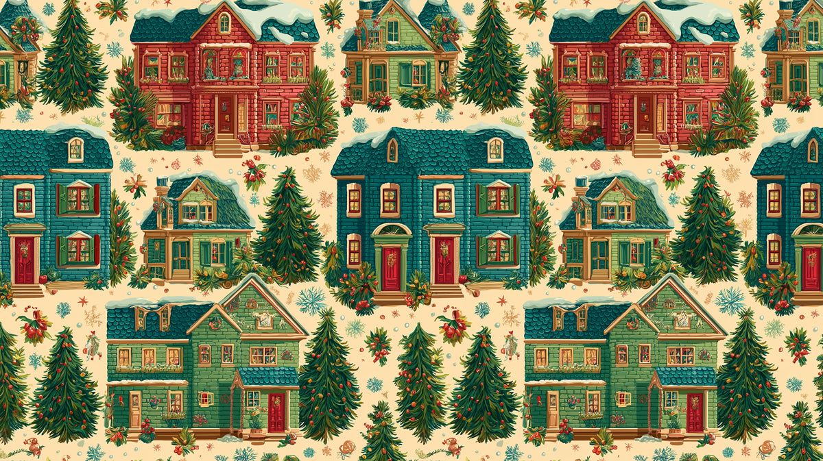 Vintage Christmas Cottage Repeat Mural Wallpaper | Red and Teal Houses, Dense Forest Pattern, Nostalgic