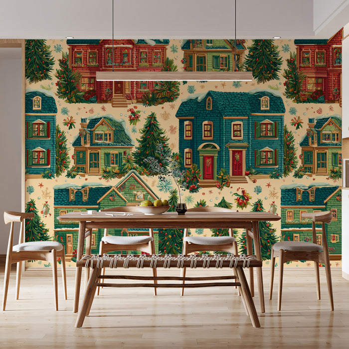 Vintage Christmas Cottage Repeat Mural Wallpaper | Red and Teal Houses, Dense Forest Pattern, Nostalgic