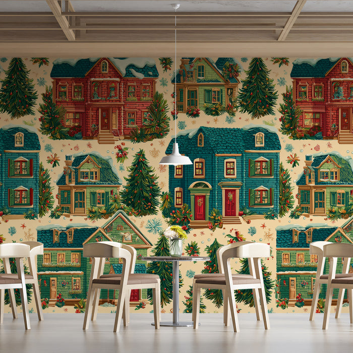 Vintage Christmas Cottage Repeat Mural Wallpaper | Red and Teal Houses, Dense Forest Pattern, Nostalgic