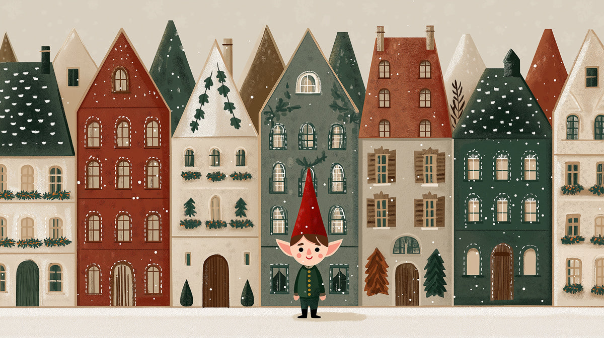 Nordic Row House and Elf Mural Wallpaper | Muted Earth Tones, Minimal Snowfall, Cozy Illustration