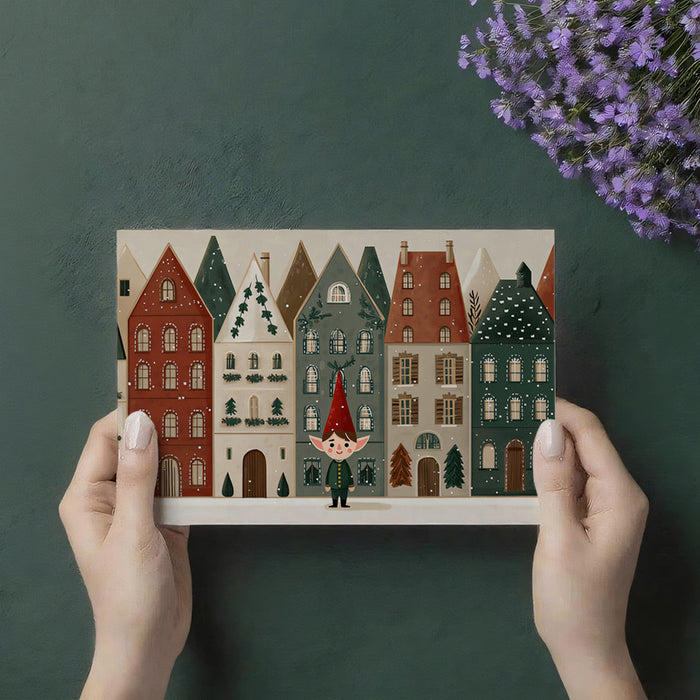 Nordic Row House and Elf Mural Wallpaper | Muted Earth Tones, Minimal Snowfall, Cozy Illustration