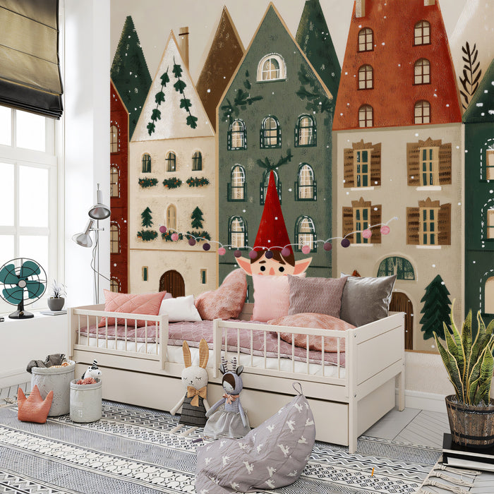 Nordic Row House and Elf Mural Wallpaper | Muted Earth Tones, Minimal Snowfall, Cozy Illustration