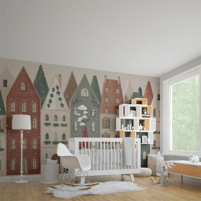 Nordic Row House and Elf Mural Wallpaper | Muted Earth Tones, Minimal Snowfall, Cozy Illustration