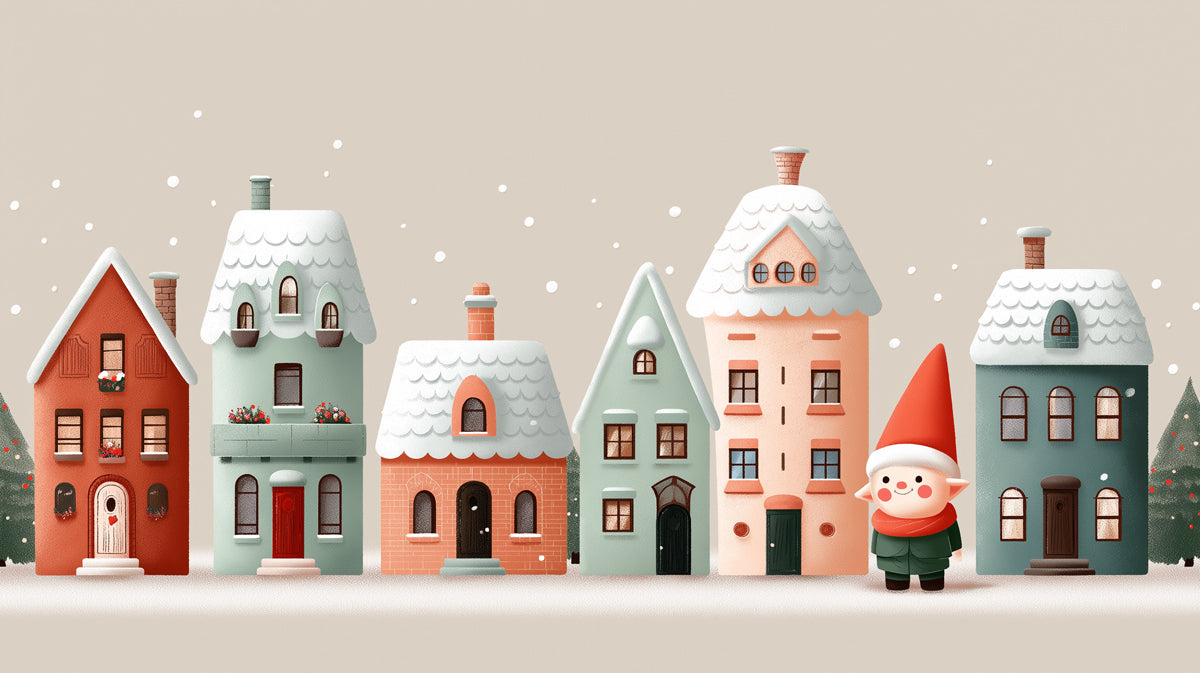 Pastel Row House and Elf Mural Wallpaper | Soft Tones, Rounded Shapes, Whimsical Snowscape