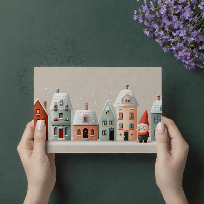 Pastel Row House and Elf Mural Wallpaper | Soft Tones, Rounded Shapes, Whimsical Snowscape
