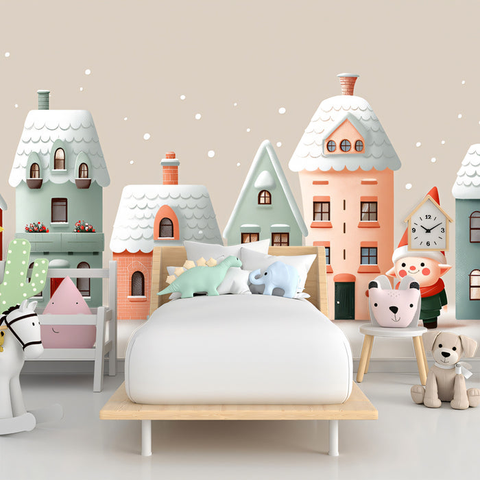 Pastel Row House and Elf Mural Wallpaper | Soft Tones, Rounded Shapes, Whimsical Snowscape