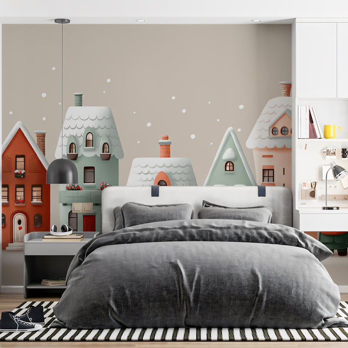 Pastel Row House and Elf Mural Wallpaper | Soft Tones, Rounded Shapes, Whimsical Snowscape