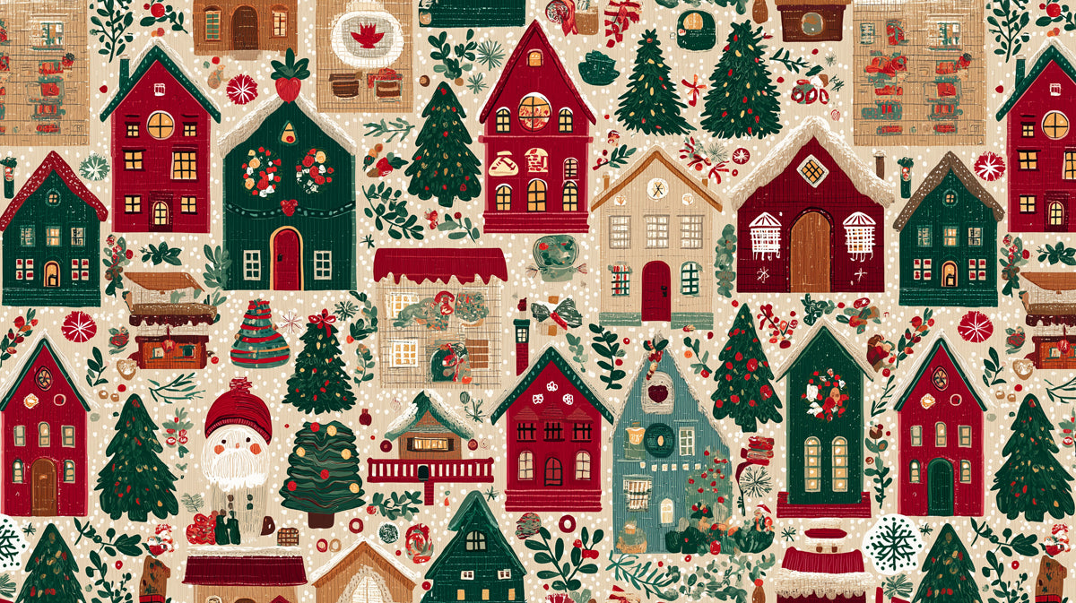 Folk Art Christmas Town Pattern Wallpaper | High Density, Traditional Red and Green, Whimsical Village