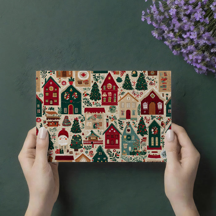 Folk Art Christmas Town Pattern Wallpaper | High Density, Traditional Red and Green, Whimsical Village