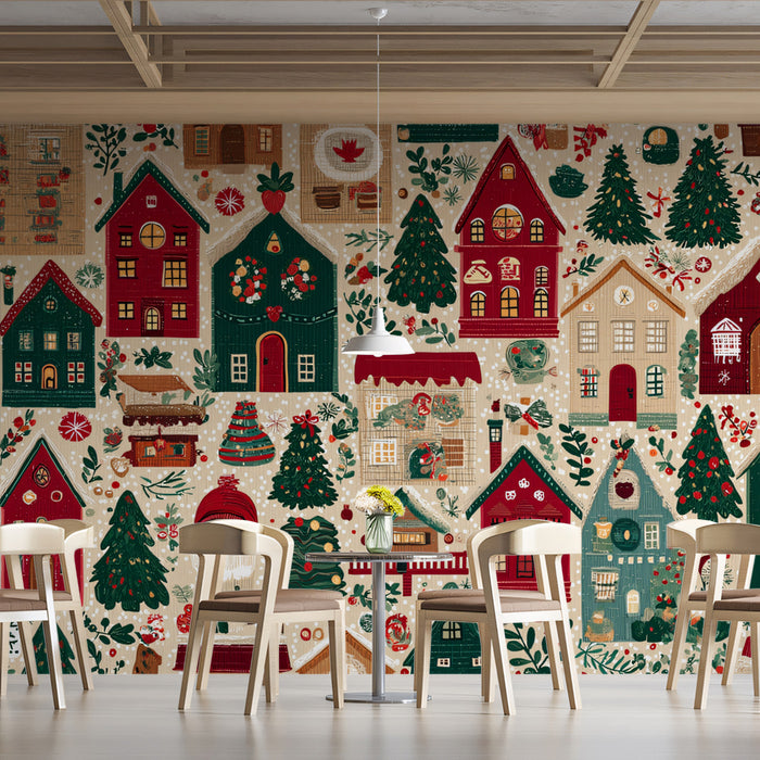 Folk Art Christmas Town Pattern Wallpaper | High Density, Traditional Red and Green, Whimsical Village