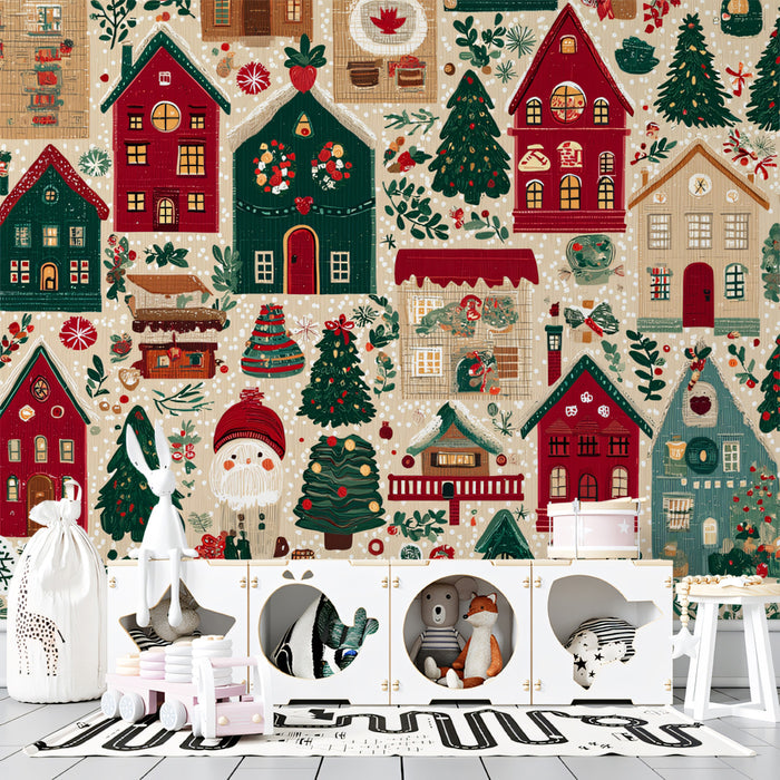 Folk Art Christmas Town Pattern Wallpaper | High Density, Traditional Red and Green, Whimsical Village