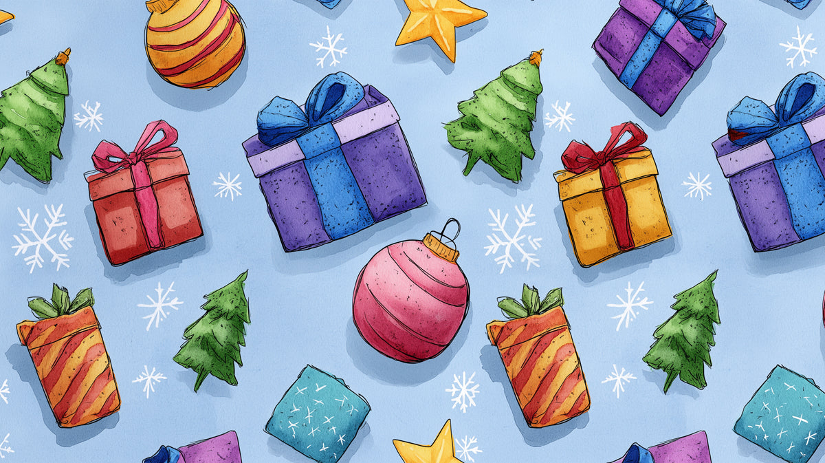 Watercolor Gifts and Ornaments Scatter Wallpaper | Bright Colors, Playful Pattern, Blue Background