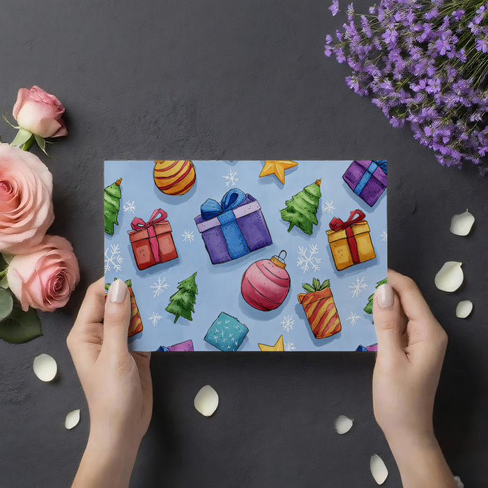 Watercolor Gifts and Ornaments Scatter Wallpaper | Bright Colors, Playful Pattern, Blue Background