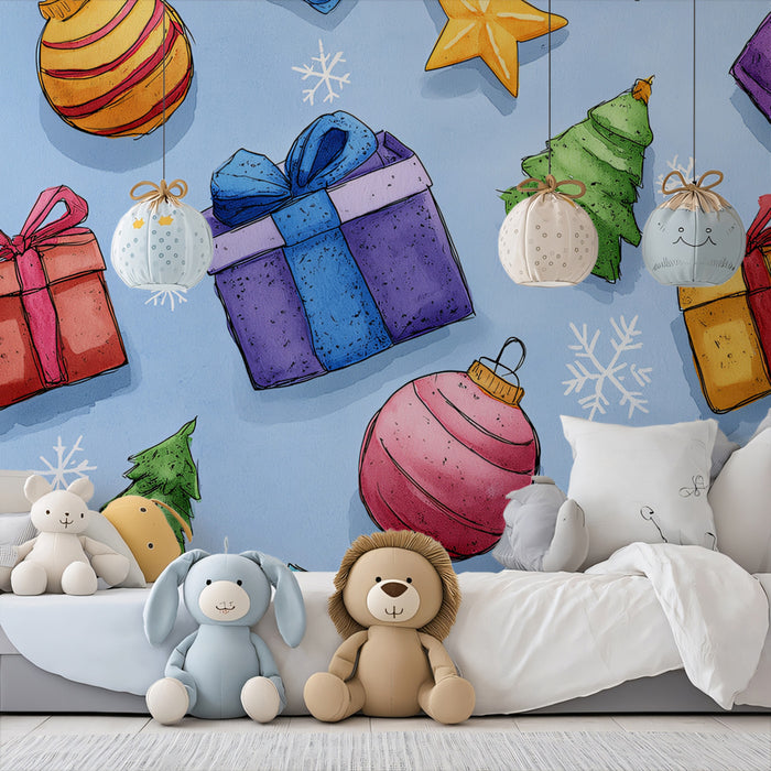 Watercolor Gifts and Ornaments Scatter Wallpaper | Bright Colors, Playful Pattern, Blue Background