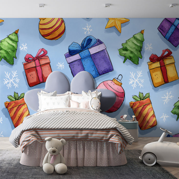 Watercolor Gifts and Ornaments Scatter Wallpaper | Bright Colors, Playful Pattern, Blue Background
