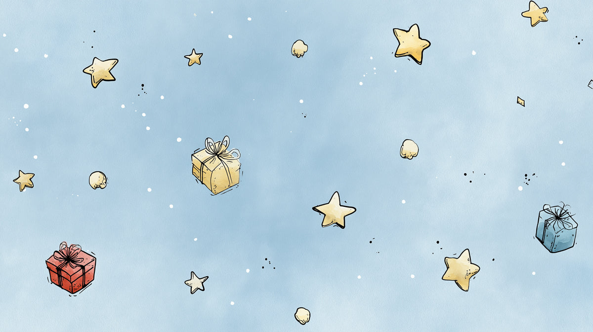 Watercolor Floating Gifts and Stars Wallpaper | Minimalist, Pastel Blue Background, Whimsical