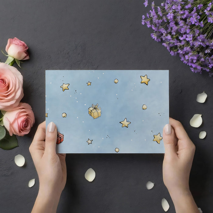 Watercolor Floating Gifts and Stars Wallpaper | Minimalist, Pastel Blue Background, Whimsical