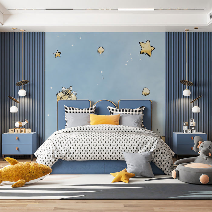Watercolor Floating Gifts and Stars Wallpaper | Minimalist, Pastel Blue Background, Whimsical