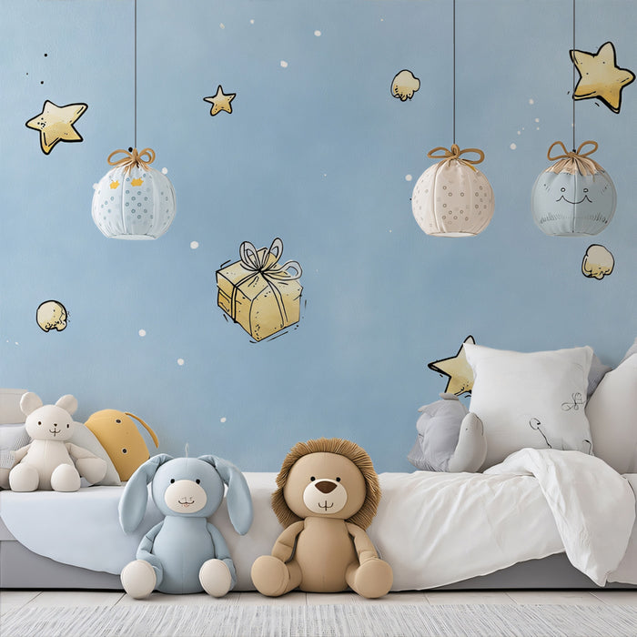 Watercolor Floating Gifts and Stars Wallpaper | Minimalist, Pastel Blue Background, Whimsical