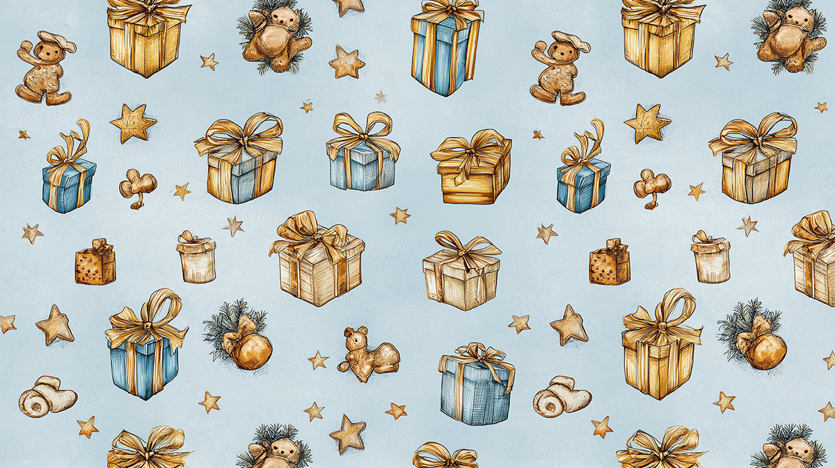 Vintage Toy and Gift Pattern Wallpaper | Detailed Sketch Art, Blue and Gold Palette, Nostalgic