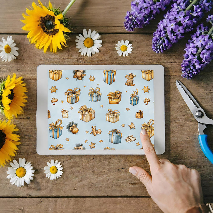 Vintage Toy and Gift Pattern Wallpaper | Detailed Sketch Art, Blue and Gold Palette, Nostalgic