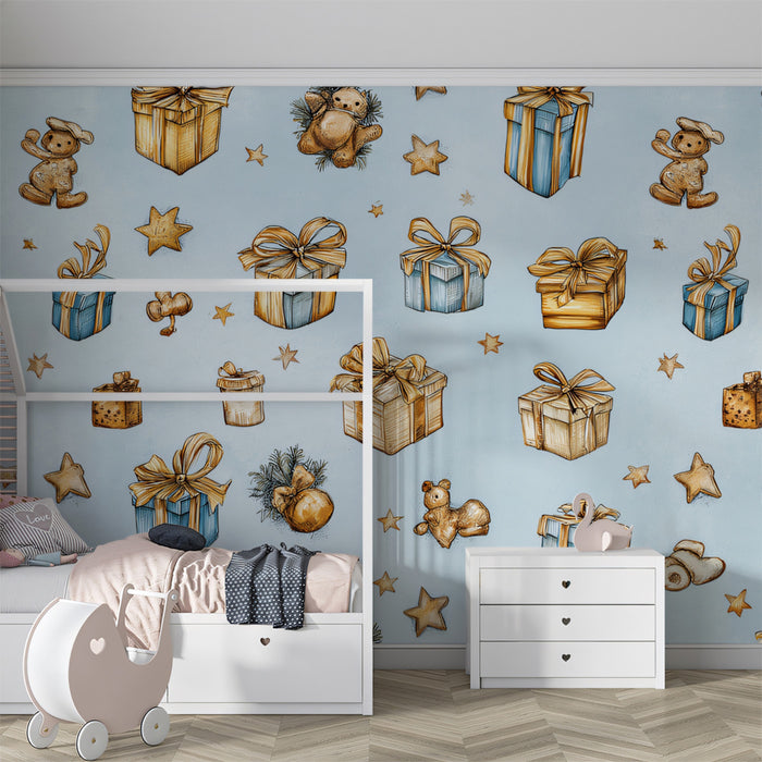 Vintage Toy and Gift Pattern Wallpaper | Detailed Sketch Art, Blue and Gold Palette, Nostalgic