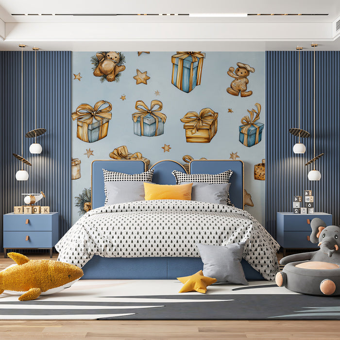 Vintage Toy and Gift Pattern Wallpaper | Detailed Sketch Art, Blue and Gold Palette, Nostalgic