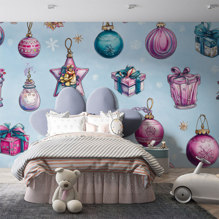 Whimsical Pink and Teal Ornament Pattern Wallpaper | Watercolor Style, Feminine Colors, Sparkling