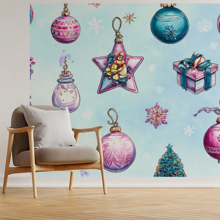Whimsical Pink and Teal Ornament Pattern Wallpaper | Watercolor Style, Feminine Colors, Sparkling