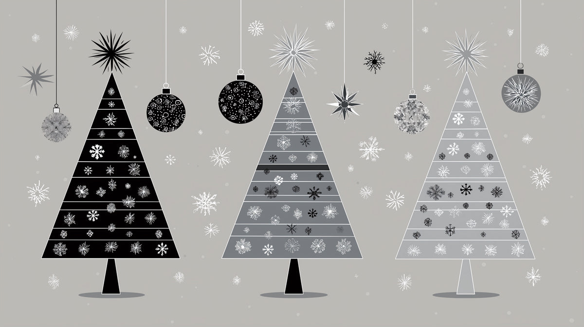 Mid-Century Modern Christmas Tree Trio Mural Wallpaper | Monochromatic, Graphic Snowflake Art, Retro