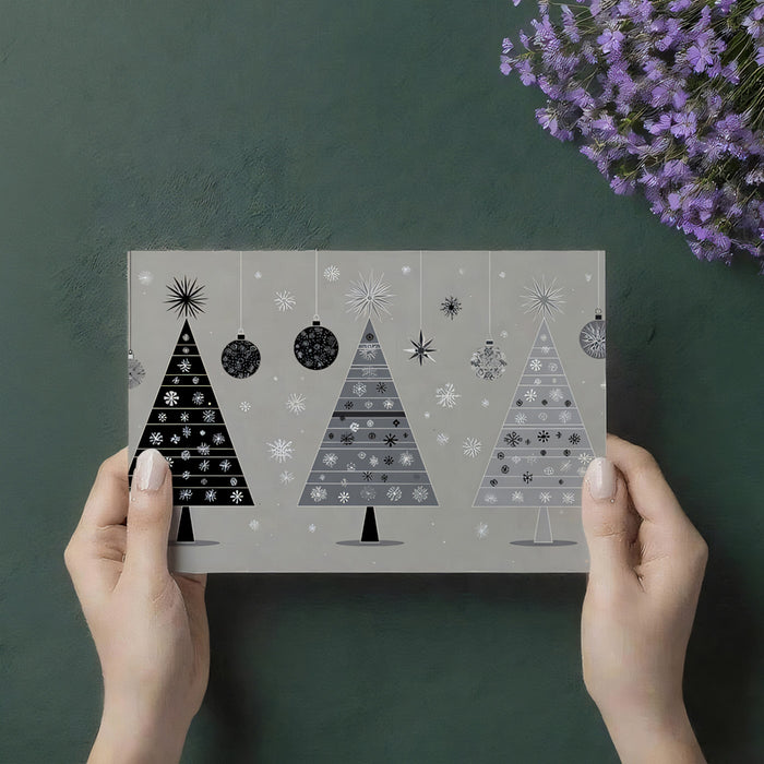 Mid-Century Modern Christmas Tree Trio Mural Wallpaper | Monochromatic, Graphic Snowflake Art, Retro