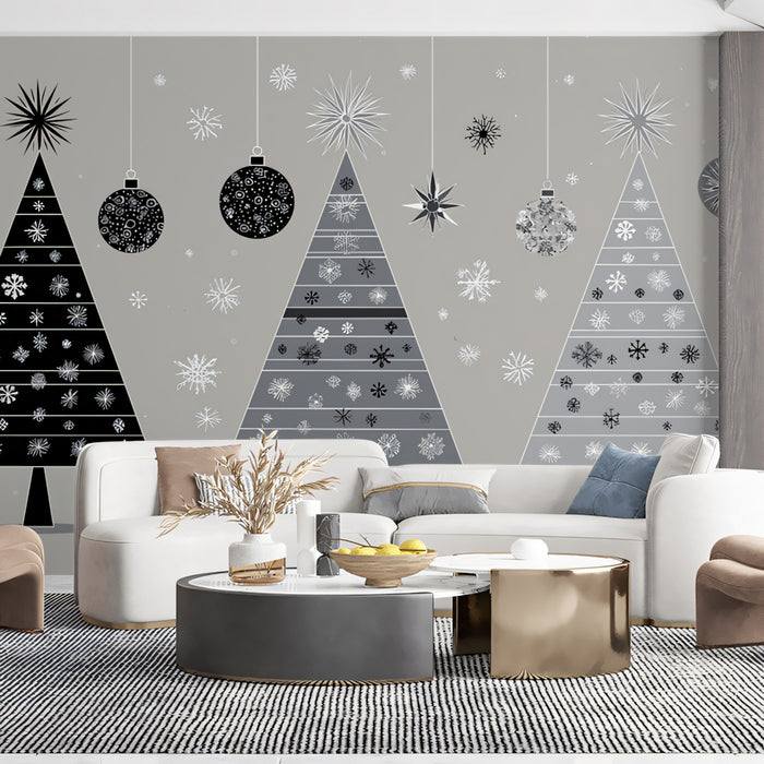 Mid-Century Modern Christmas Tree Trio Mural Wallpaper | Monochromatic, Graphic Snowflake Art, Retro