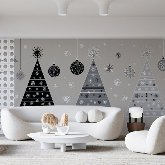 Mid-Century Modern Christmas Tree Trio Mural Wallpaper | Monochromatic, Graphic Snowflake Art, Retro