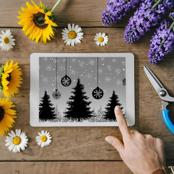 Silhouette Forest and Snowflake Ornament Mural Wallpaper | Black and White Graphic, Gradient Gray, Modern Winter