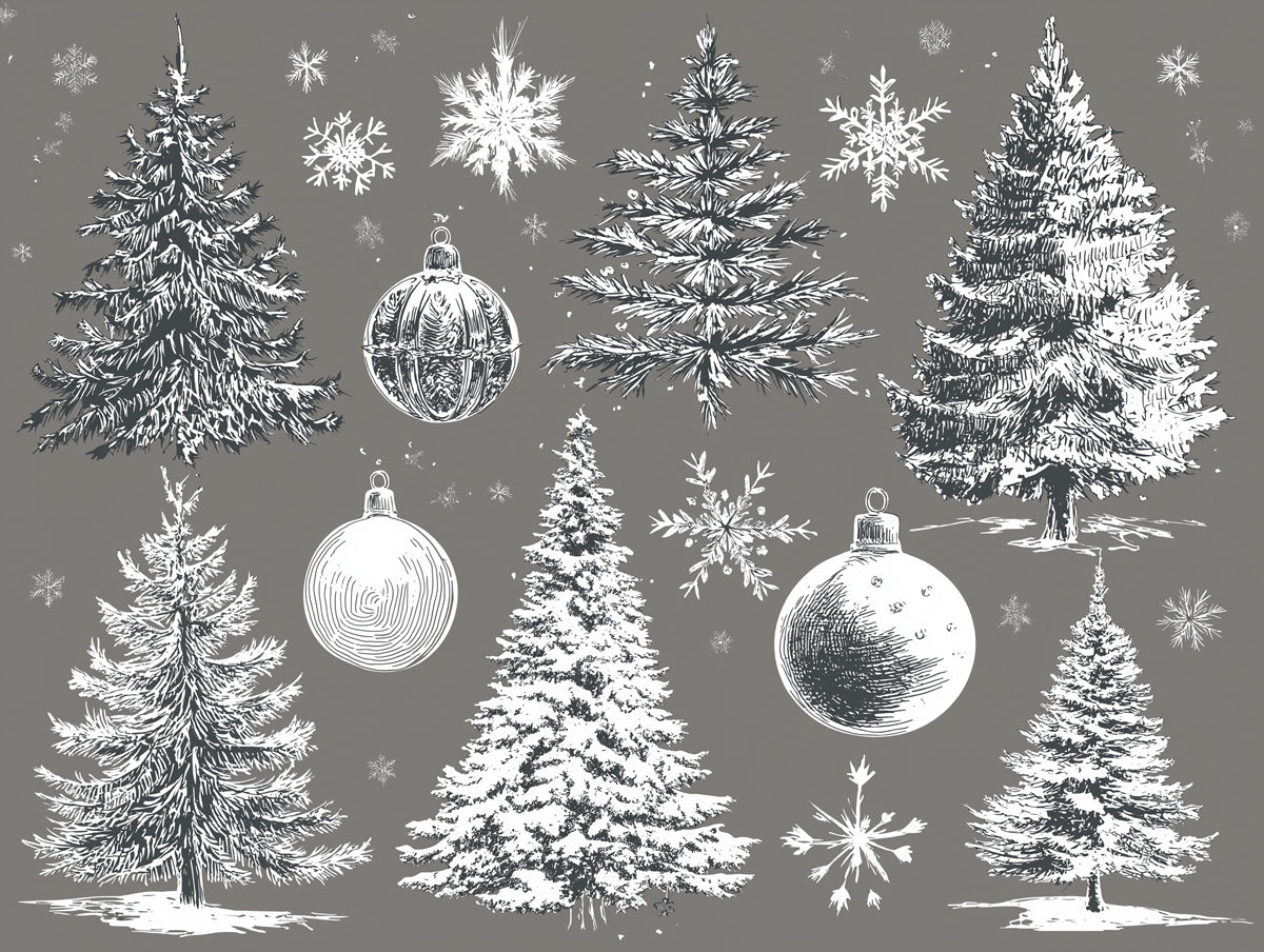 Engraved Christmas Tree Sketch Mural Wallpaper | High-Detail Monochromatic Art, Vintage Illustration