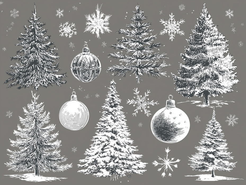 Engraved Christmas Tree Sketch Mural Wallpaper | High-Detail Monochromatic Art, Vintage Illustration
