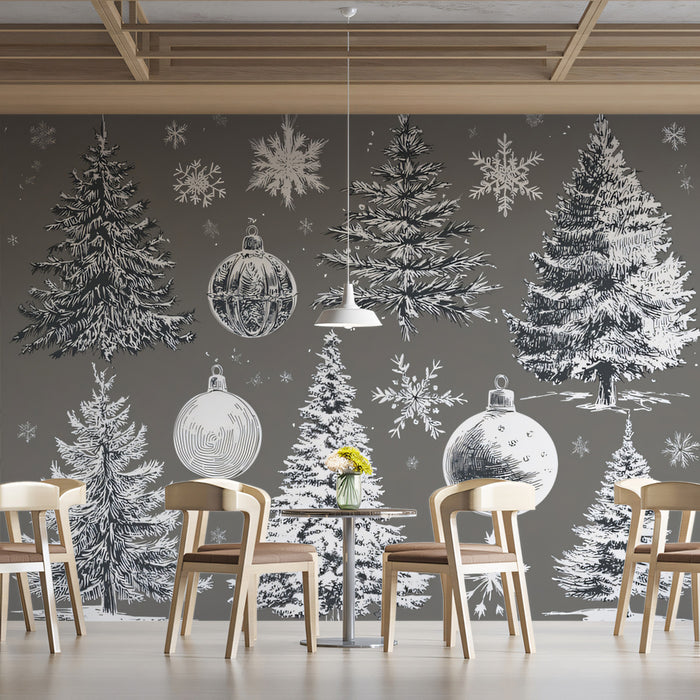 Engraved Christmas Tree Sketch Mural Wallpaper | High-Detail Monochromatic Art, Vintage Illustration