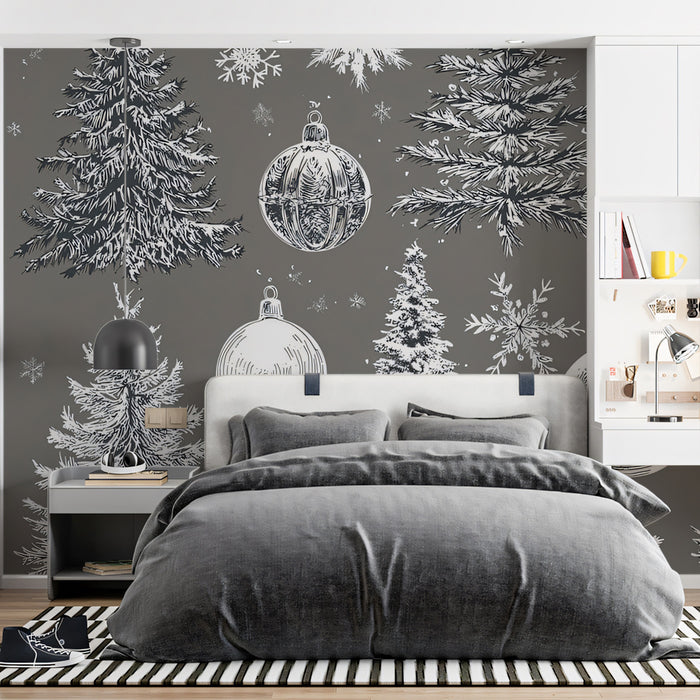 Engraved Christmas Tree Sketch Mural Wallpaper | High-Detail Monochromatic Art, Vintage Illustration