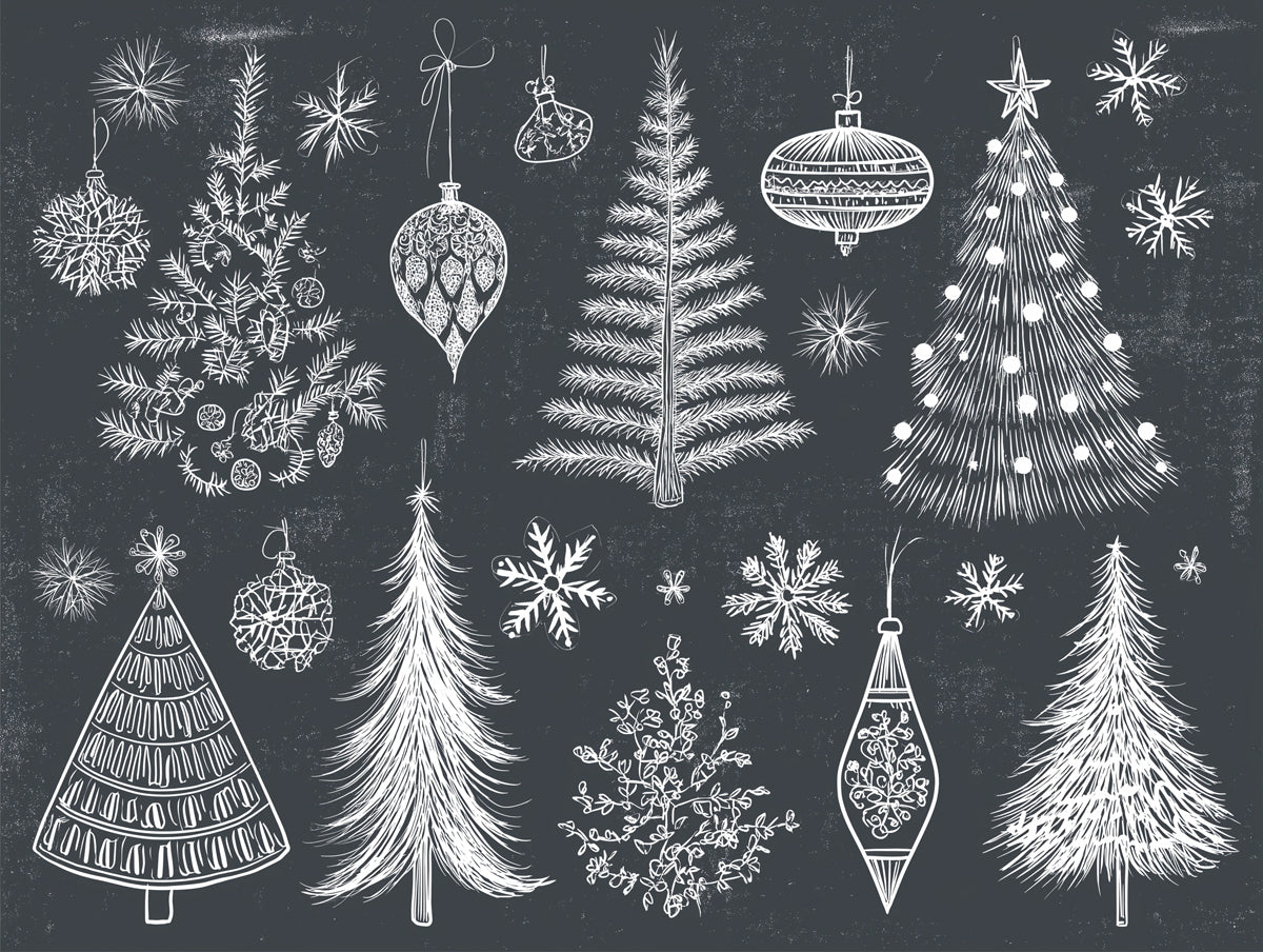 Chalkboard Christmas Sketch Mural Wallpaper | White on Black Contrast, Hand-Drawn Holiday Collage