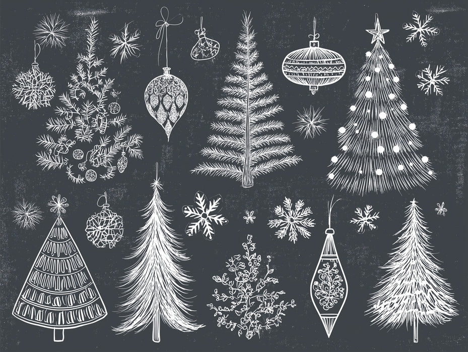 Chalkboard Christmas Sketch Mural Wallpaper | White on Black Contrast, Hand-Drawn Holiday Collage