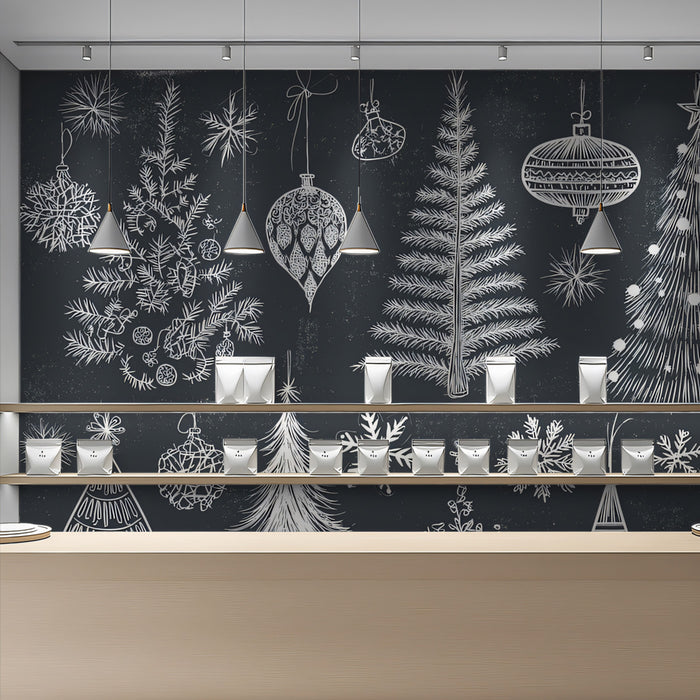 Chalkboard Christmas Sketch Mural Wallpaper | White on Black Contrast, Hand-Drawn Holiday Collage